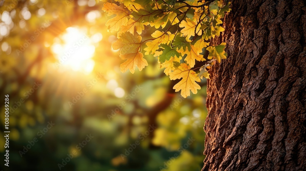 Poster sunlight filtering through leaves on a tree trunk in a tranquil forest setting.