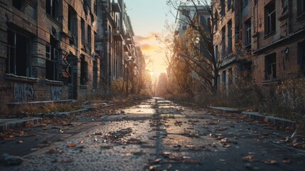 Serene sunrise over an abandoned cityscape  nature reclaims a post apocalyptic urban landscape