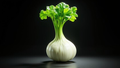 Lush Green Vegetable with Bulbous Base and Leafy Top Illustration