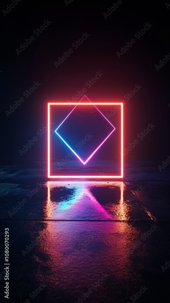 Poster abstract geometric shapes: neon outlines floating in deep black void