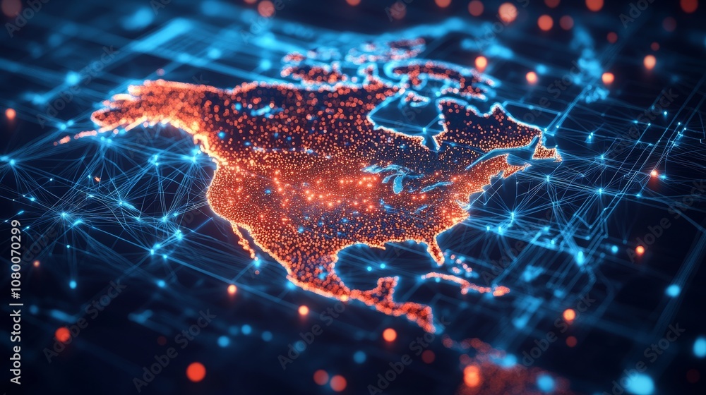 Poster a 3d network map, with glowing mesh lines and points, on a sleek blue tech background