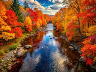 Captivating autumn river scene featuring striking fall colors, tranquil waters, and a mystical forest ambiance, inviting nature lovers to immerse themselves in its beauty.