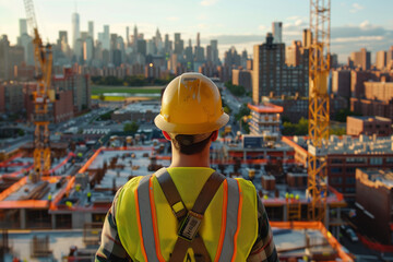 A construction worker in a yellow hard hat and reflective safety vest stands overlooking a bustling construction site with a stunning urban skyline in the background. Generative AI tools
