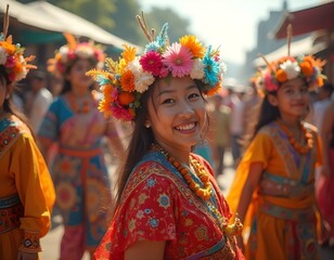 Joyful young woman in vibrant traditional attire adorned with a colorful flower crown, participating in a cultural parade. Surrounded by people in festive costumes under a bright, sunny sky