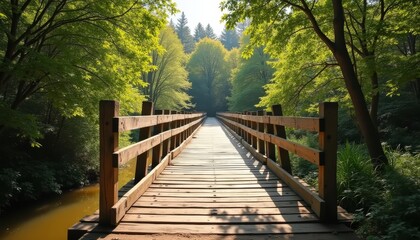 Fototapeta premium A serene wooden bridge in a lush forest