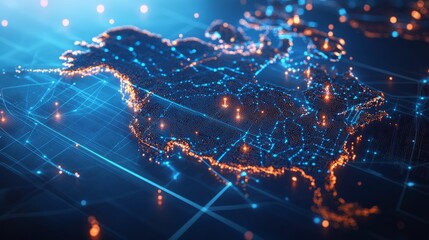 A 3D network map, with glowing mesh lines and points, on a sleek blue tech background