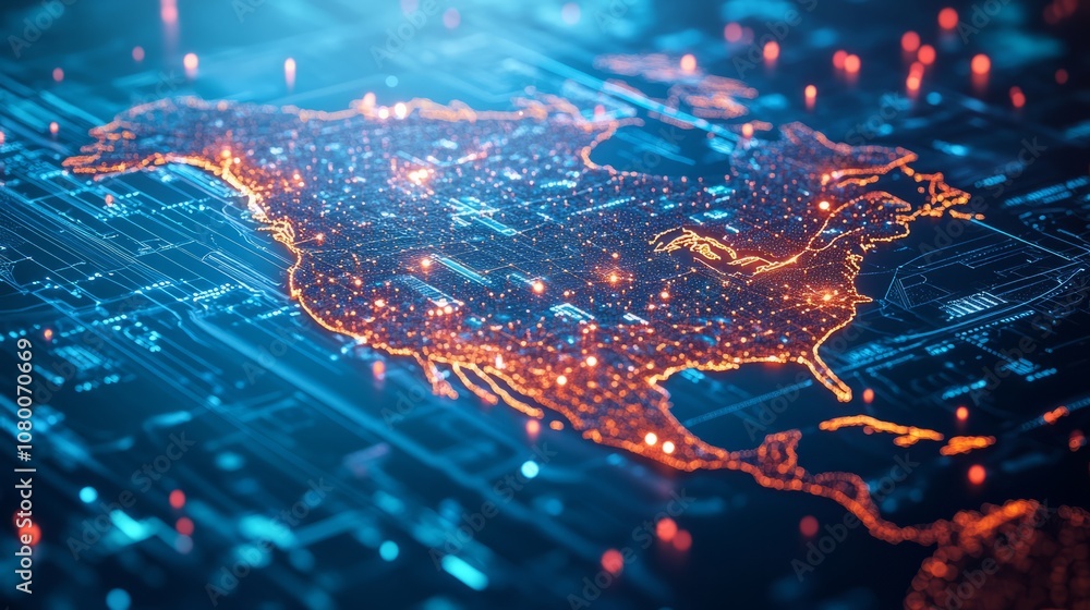 Poster a 3d network map, with glowing mesh lines and points, on a sleek blue tech background