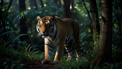 Sleek Tiger with Piercing Eyes Walking Stealthily Through Dense Jungle in Early Morning Light - Generated by AI.