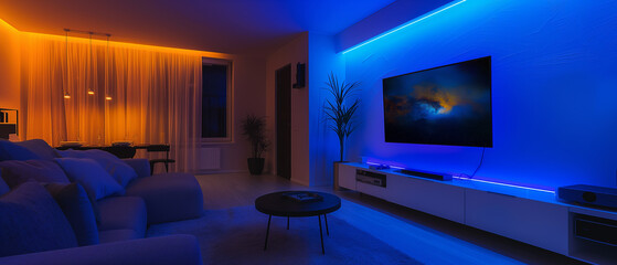 The modern living room is illuminated by orange and blue lights and is equipped with a TV set and TV cabinet.