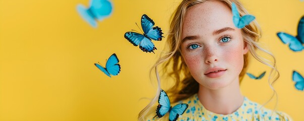 Portrait of young beautiful blonde woman with bright blue eyes surrounded by blue butterflies on yellow background