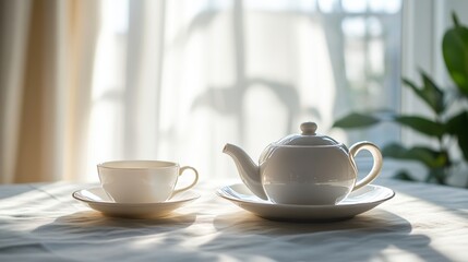 Fototapeta premium Teapot and tea cup on table, white and simple interior
