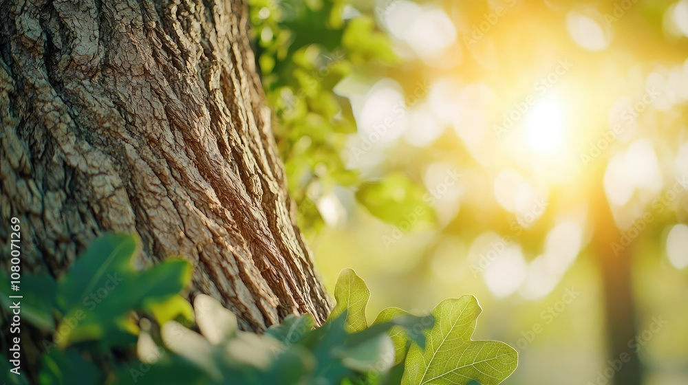 Poster sunlight filtering through leaves on a tree trunk, creating a serene nature scene.