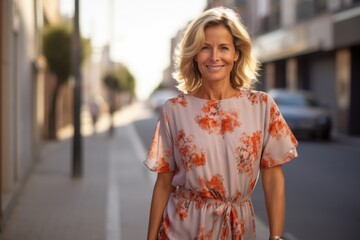 A woman wearing a floral dress is smiling and standing on a sidewalk