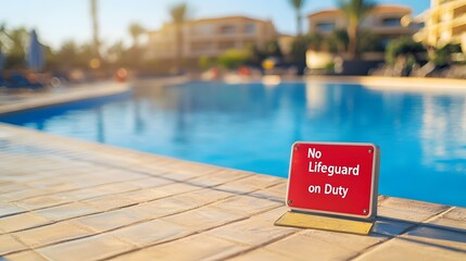 Naklejka premium Swimming pool warning sign placed near the edge of a pool, emphasizing safety and caution for swimmers, ensuring a secure aquatic environment.