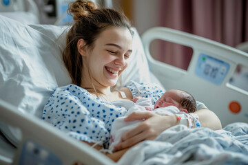 Mother with her newborn baby at the hospital a day after a natural birth labor