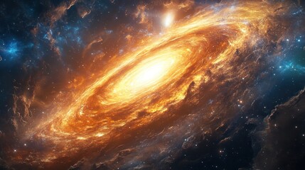 Obraz premium A vibrant, fiery spiral galaxy with a bright core, surrounded by swirling gas and dust.
