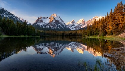 Fototapeta premium Crystal Clear Waters of a Mountain Lake Reflecting Towering Snow-Capped Peaks, Surrounded by Dense Pine Forests and Captured at Sunset for a Stunning Landscape Scene