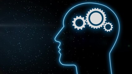 A human head with rotating gears, representing complex thinking and innovation on a black background. A visual metaphor for cognitive processes. Alpha included