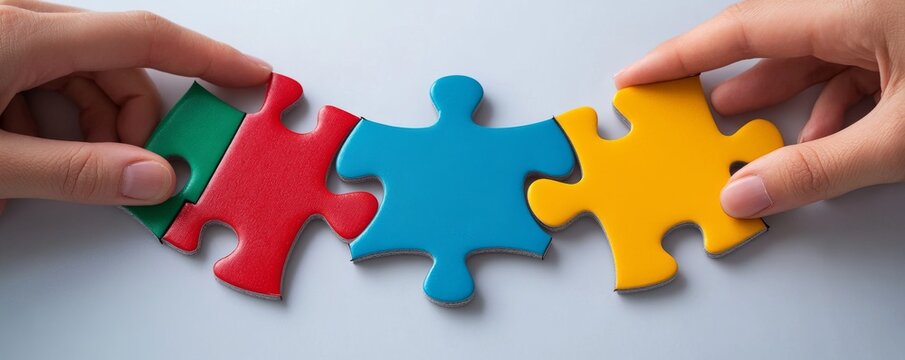 Hands connecting colorful puzzle pieces on a table.