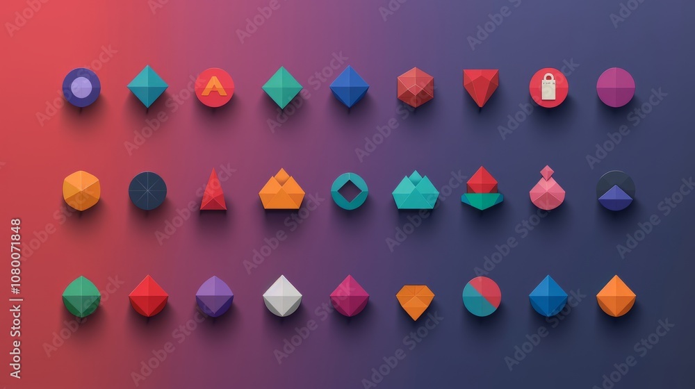 Aufkleber a collection of colorful geometric shapes with long shadows on a gradient background.