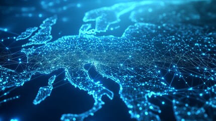 A 3D network map, with glowing mesh lines and points, on a sleek blue tech background