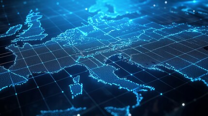 A 3D network map, with glowing mesh lines and points, on a sleek blue tech background