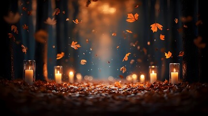 A Magical Candlelit Pathway Surrounded by Autumn Leaves and Gentle Floating Mystique. Autumn Festival Concept