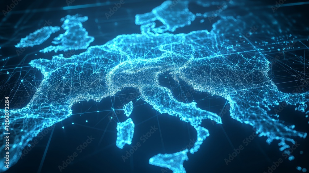 Poster a 3d network map, with glowing mesh lines and points, on a sleek blue tech background
