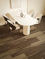 Pleasing dining area with floor and wall decor made of marble. There is a rack for kitchen utensils next to the opulent table, which also has candles, a plant as décor and chandelier above it. 3D