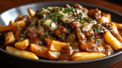 Delicious loaded fries topped with savory beef gravy and melted cheese, garnished with fresh herbs, perfect for comfort food lovers.