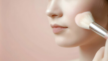 Close-up of a young Caucasian woman applying blush with a brush, showcasing a beauty concept and skincare routine.
