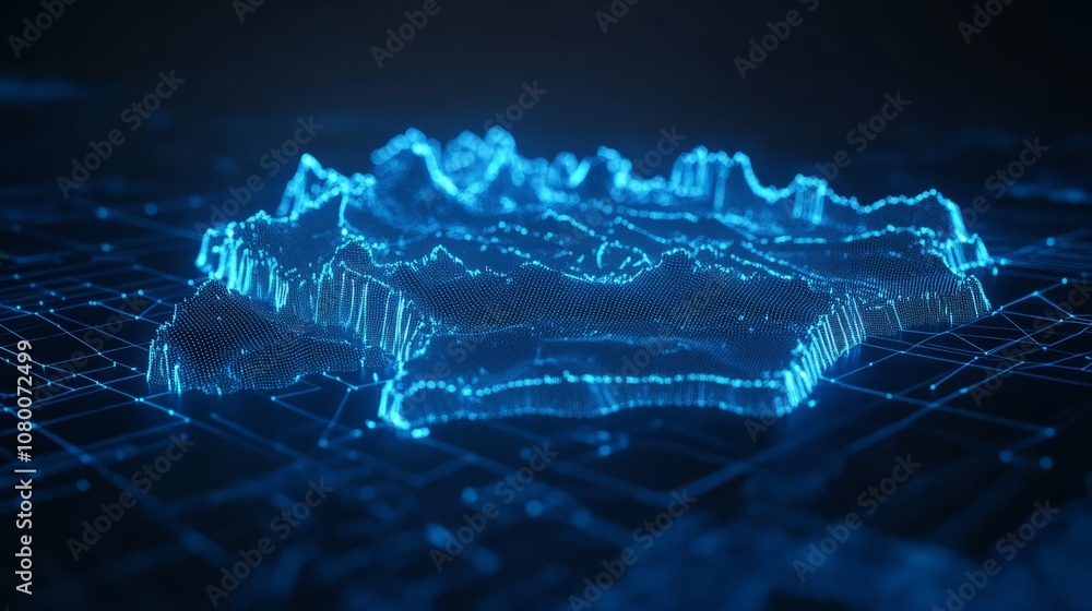 Poster a 3d network map, with glowing mesh lines and points, on a sleek blue tech background