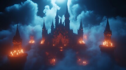 Enchanted castle surrounded by mystical fog with glowing torches and candles