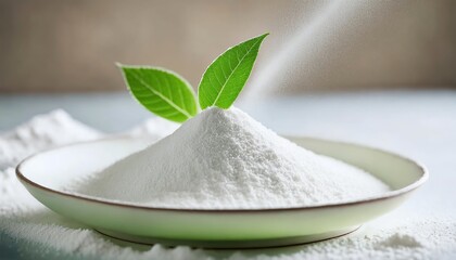 A mound of white powder sits in a dish, topped with fresh green leaves, symbolizing purity and natural ingredients.