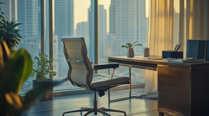 Fototapeta premium Modern Office Desk with Empty Chair and City View