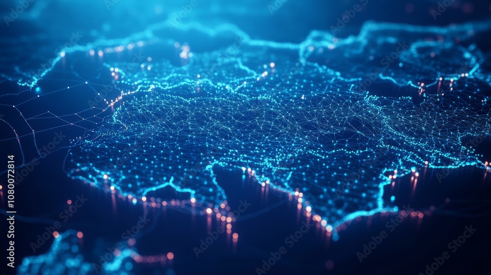Poster a 3d network map, with glowing mesh lines and points, on a sleek blue tech background