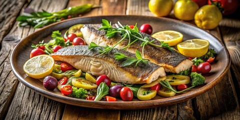 Delight in crispy skinned sea bass fillets accompanied by vibrant vegetables, zesty lemon wedges, and fresh herbs â€“ a picture-perfect seafood dish for gourmet photography.