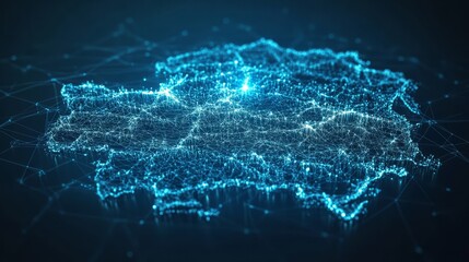 A 3D network map, with glowing mesh lines and points, on a sleek blue tech background