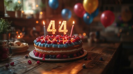 Birthday cake with lit candles for 44th birthday, with fruit decorations and balloons in the background.