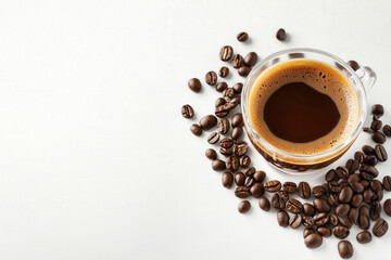Naklejka premium Small cup of cappuccino with coffee beans and heart shaped milk foam, top view isolated on white background
