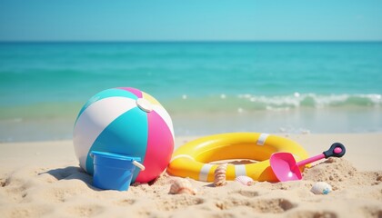 Obraz premium Vibrant Summer Scene on Sandy Beach with Colorful Beach Toys and Waves