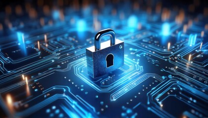 A digital lock sits on a circuit board, symbolizing cybersecurity and data protection in a high-tech environment.