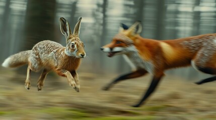 Fototapeta premium A fox chasing a hare through a blurred forest background