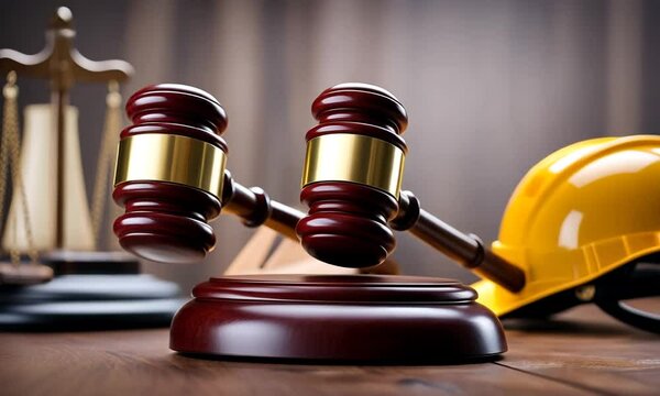Construction helmet next to a judge's hammer.