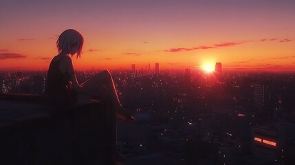 Obraz premium Anime girl sitting on the rooftop, watching the sunset over a glowing city
