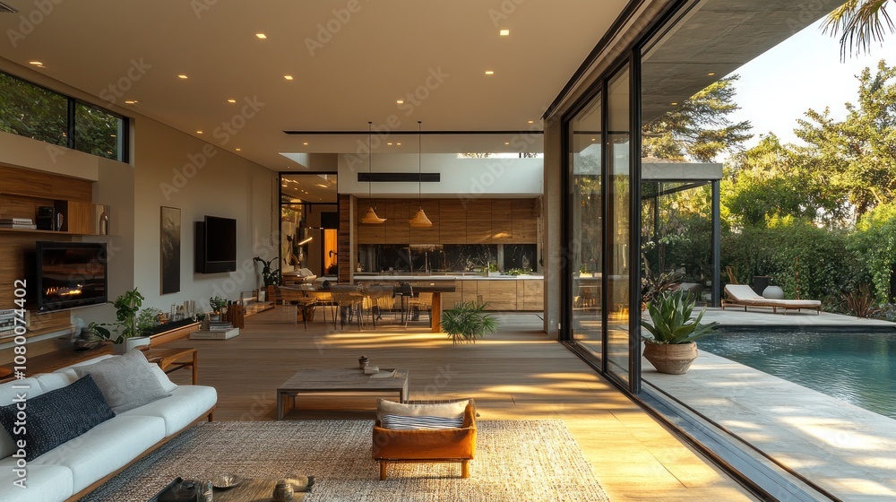 Poster modern living space with open design and pool view.