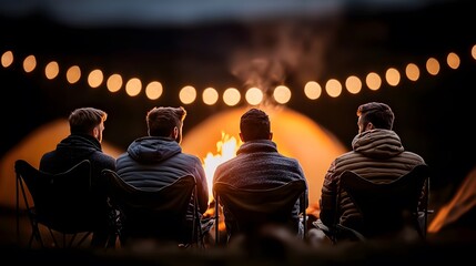 Friends Enjoy a Cozy Bonfire Under Starry Lights in a Charming Fall Fest Atmosphere Together. Autumn Festival Concept