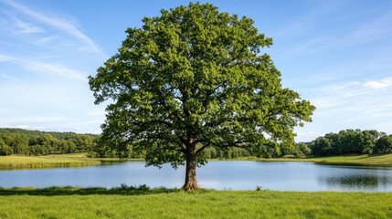 Lone tree by a serene lake on a sunny day with lush greenery.