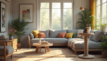 Fototapeta premium Contemporary Living Room with Stylish Sofa, Cat, and Indoor Plants