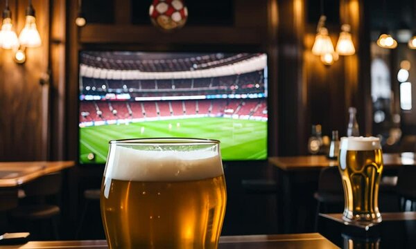 Pint of beer in a pub with a football match.